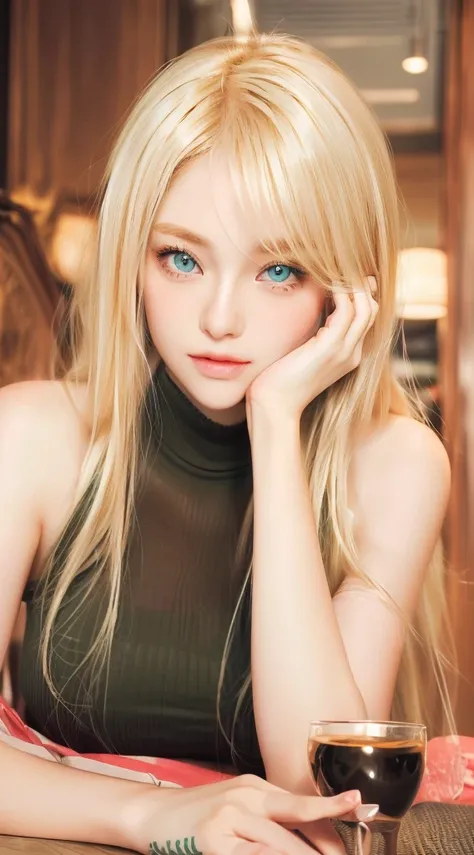 Beautiful girl with blonde hair and green eyes sitting at a table, blonde girl with long hair, visual of a cute girl, best girl, seductive girl, blush, long blonde hair, large eyes, Ultra realistic, hyper realistic, detailed lighting, UHD, detailed face, e...