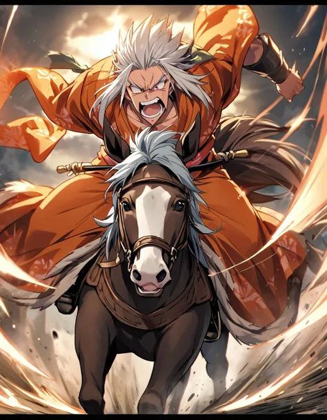 During a battle in the Sengoku period、A Sengoku warlord rides a horse、He is shouting with a fierce expression.。There&#39;s determination in his eyes、His voice echoes across the battlefield。What he&#39;s wearing、In heavy Japanese armor、The appearance is ful...