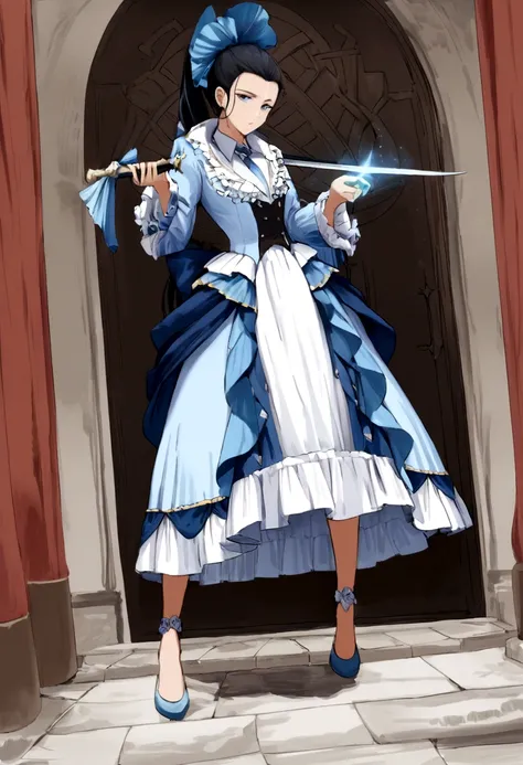 (Daisaku),(Need),(Super meticulous),(full bodyesbian:1.2), (ponytail forehead hair pulled back:1.3) (black hair:1.3), arafed woman in a blue dress and hat holding a sword, loose coat collar sailor uniform, rococo dress, rococo ruffles dress, lolita fashion...