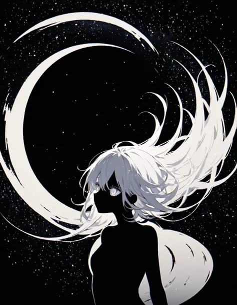 Silhouette of a girl on a black background, body in the form of a starry sky, white eyes, a black hole is distantly visible in the hair