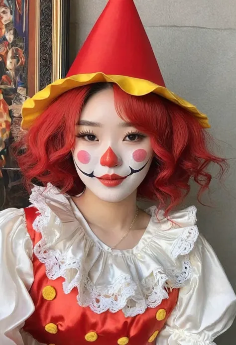 (best high quality:1.5), obra de arte, (8k), extremely detailed, (High details:1.4), Solo, 24 year old Korean Ulzzang female, (clown suit),