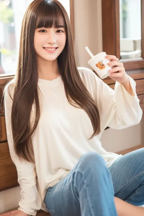 - (Masterpiece, best quality, 1girl, milk tea colored long straight hair, blunt bangs, casual wear, hair salon, sitting, relaxed smile, natural light)
