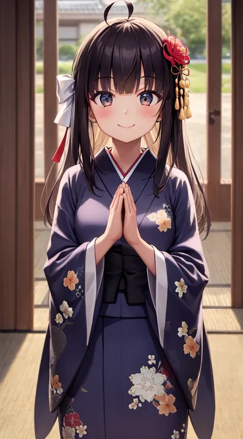 1girl, solo, long hair, looking at viewer, smile, bangs, hair ornament, ribbon, closed mouth, hair ribbon, flower, ahoge, japanese clothes, hair flower, kimono, parted bangs, own hands together, praying,