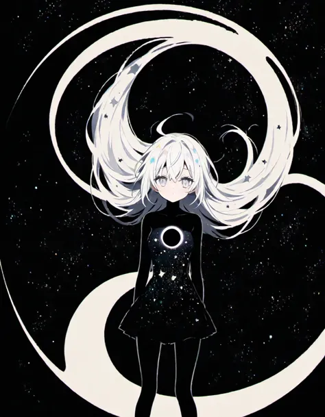 Silhouette of a girl on a black background, body in the form of a starry sky, white eyes, a black hole is distantly visible in the hair