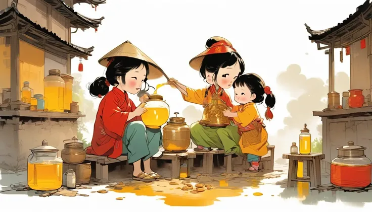 A Yao mother in Jianghua, Hunan, sits on a stool and pours peanut oil into the oil tank，My little daughter is helping out，Unique hat and clothing texture style of the Yao ethnic group，White background，Best quality，Flat illustration style，Photographic light...