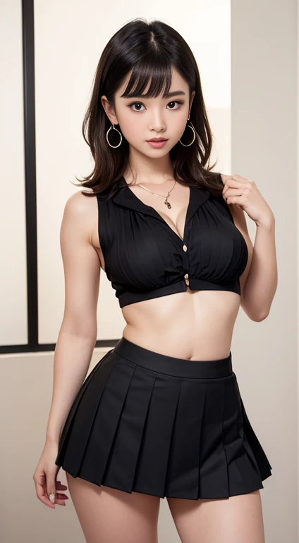 (highest quality:1.4), (hyper quality), (Super detailedな), 1 beautiful girl, Super cute, wonderful face and eyes, (Short-sleeveless blouse big cleavage made of translucient thin white fabric), Black pleated ultra mini skirt:1.1, (black pleated mini skirt:1...