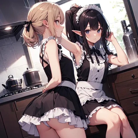 A maids, (in kitchen), various hair styles, night, details face, short skirt, seducing, sleeveless, maid uniform, armpits, elf