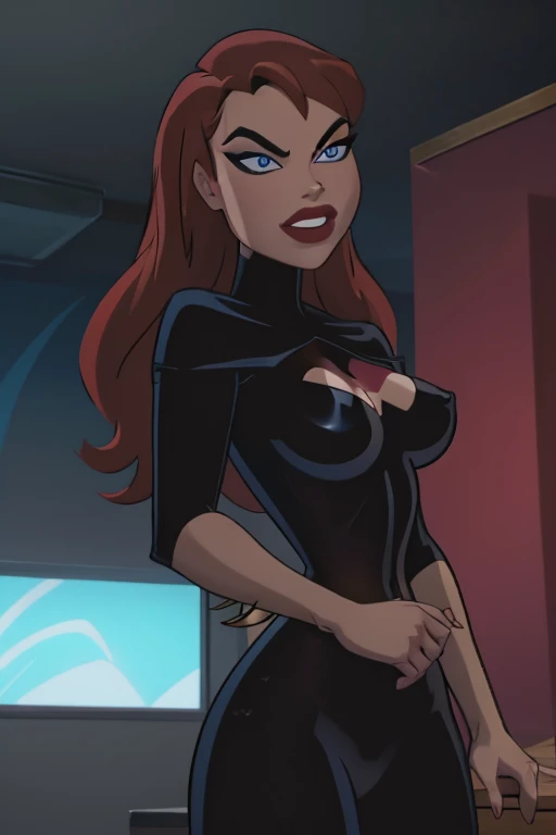 A girl , Timm_Style_NSFW-V1:0.7>, Bruce Timm Style art, narrow waist, full lips, ruby red lips, flowing hair, icy blue eyes, full smile, (pinup pose),babs,by Bruce Timm,Bruce Timm art style,Bruce Timm Style art, hourglass figure, narrow waist, full lips, r...