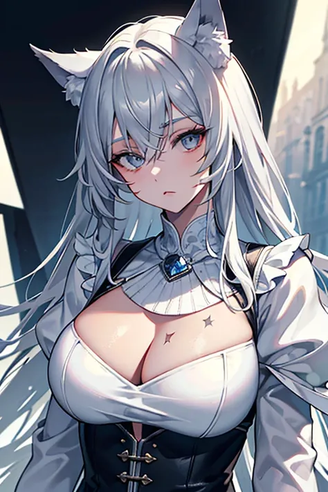 best qualtiy，tmasterpiece，The is very detailed，4K，Gray hair and shallow eyes，Drag cool expressions，Wolf ears，Erect scar on the left eye，British style，1girl，Absolutely beautiful, big bust, white costume