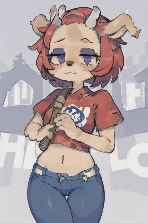 1girl, lammy, furry, red hair, short hair, horns, red shirt, dark purple eyes, tanned, blue jeans, midriff,