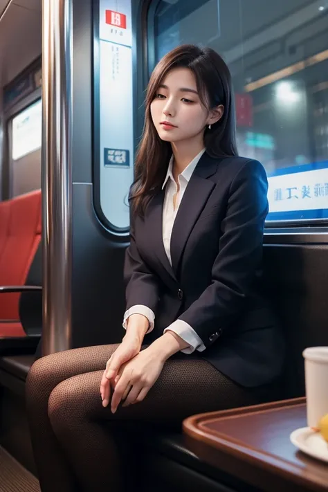 (Highest quality、Photorealistic、16K，masterpiece、Masterpiece、delicate、Fine image quality、High resolution)、Night train、on the train、LED light、A woman sleeping、Sitting in a seat、business suit、Beautiful Japan Woman、Age 25、close distance