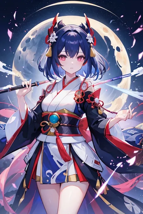 Female Onmyoji,, Casting a spell, A glowing hemispherical barrier is constructed around the woman., Wearing an onmyoji costume (kimono)  (Under the Moonlit Night),  8K Ultra HD, Single-lens reflex camera, Beautiful lighting, high quality, Film Grain, Fujif...