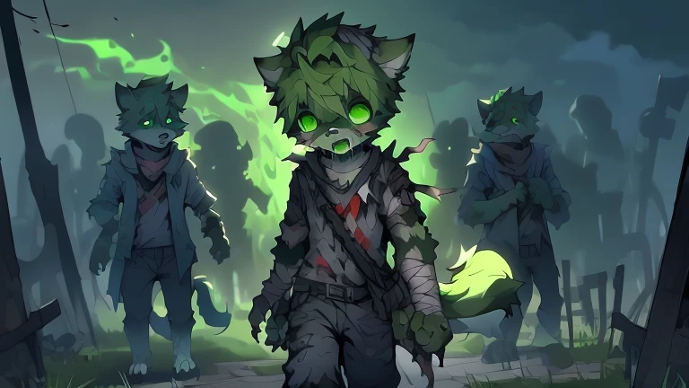 a boy with wolf-like features, green fur, tattered clothes, in a graveyard at night, with injuries, exposed bones, claws, paw pads, open mouth, drooling green saliva, green eyes, green tongue, bandages, green dye, zombie, biohazard, zombie infection, bioha...