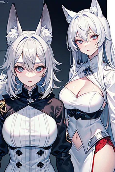 best qualtiy，tmasterpiece，The is very detailed，4K，Gray hair and shallow eyes，Drag cool expressions，Wolf ears，Erect scar on the left eye，British style，1girl，Absolutely beautiful, big bust, white costume