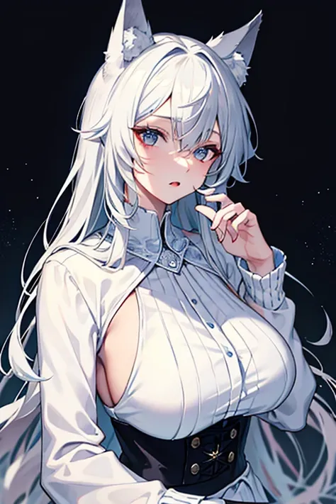 best qualtiy，tmasterpiece，The is very detailed，4K，Gray hair and shallow eyes，Drag cool expressions，Wolf ears，Erect scar on the left eye，British style，1girl，Absolutely beautiful, big bust, white costume