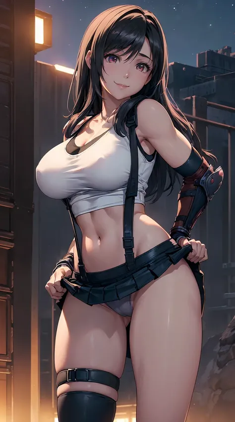 Fullback panties、(8k, highest quality, masterpiece: 1.2), (Realistic, Realistic: 1.37), Super detailed, One Girl, cute, solo, (Tifa Lockhart: 1.3), (16yo), (Beautiful Eyes), (smile: 1.2), neon, Cityscape, Depth of written boundary, Dark strong shadows, Sha...