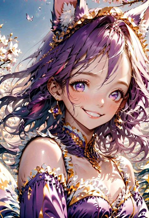 Fox Ears　Eyes big　Purple Costume　Hair is white　Smile happily