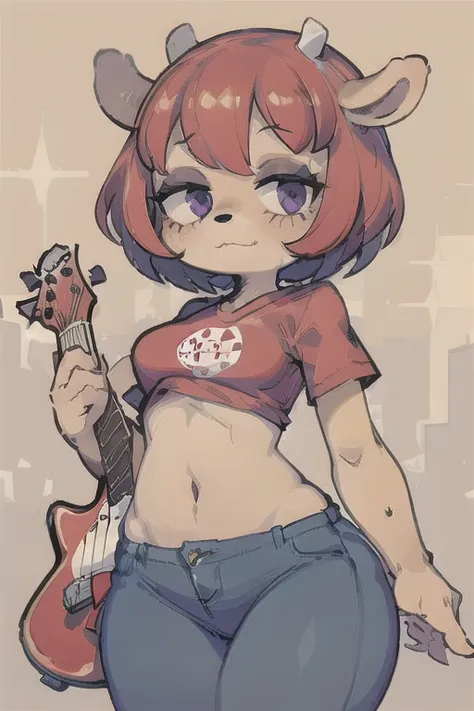 1girl, lammy, furry, red hair, short hair, horns, red shirt, dark purple eyes, tanned, blue jeans, midriff, holding guitar