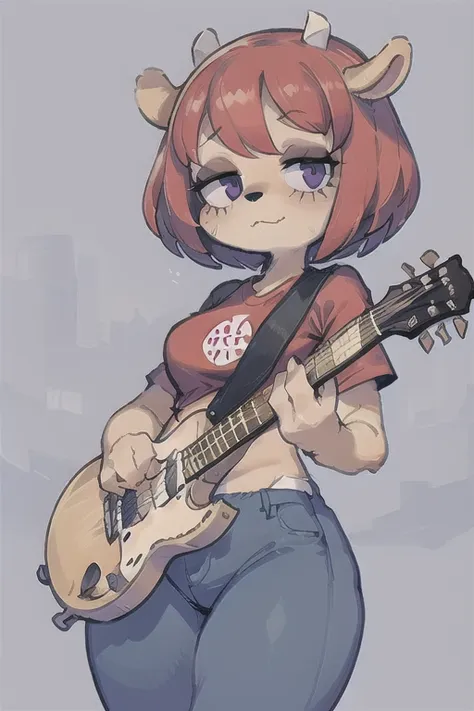 1girl, lammy, furry, red hair, short hair, horns, red shirt, dark purple eyes, tanned, blue jeans, midriff, holding guitar