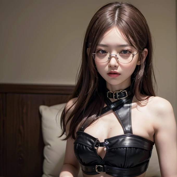 Angry face, Glasses,BDSM,slave,Rubber,Black corset,bondage,collar,Browsing Caution,((highest quality, 8k, masterpiece:1.3))), Sharp focus: 1.2、(Layered Cut, big:1.2),Beautiful woman with perfect figure: 1.4、Slim Abs:1.2、Wet body:1.5、Highly detailed face an...