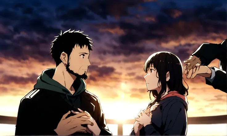 Sunset sunlight、Men and women gazing at each other, A woman with a gentle expression wearing a hoodie, ((Place your hands on your chest)), A man with scruffy beard wearing a black military jacket, Vision, Cinematic Plan