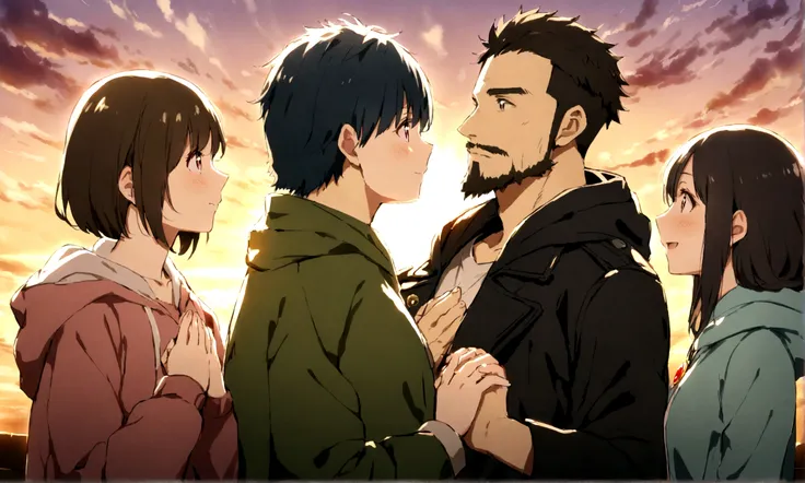 Sunset sunlight、Men and women gazing at each other, A woman with a gentle expression wearing a hoodie, ((Place your hands on your chest)), A man with scruffy beard wearing a black military jacket, Vision, Cinematic Plan