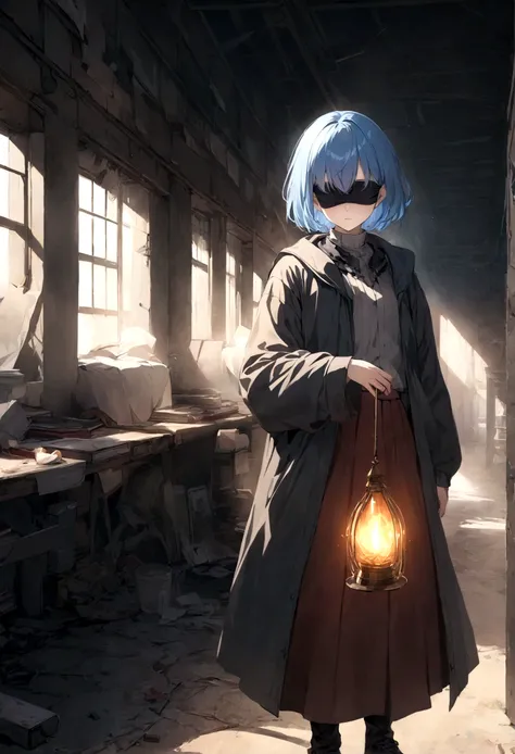 Cloth, Cover your eyes,
用丝带Cover your eyes, ((Not blindfolded,))black, black透明裙子,Long blue hair,In an abandoned factory, dark,
Album，Art Books, game_CG, realistic, photo, real,
, masterpiece, best quality,short hair，Cold