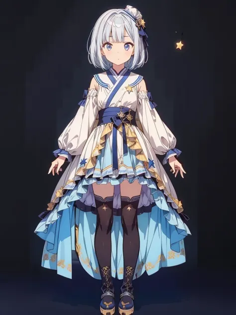 (((1girl)))、starの妖精、vtuber-fullbody、(((highest quality、Masterpiece、The best composition、Golden Ratio、Official Art、Super detailed、Super detailedな目)))、ultra detailed, from front, headshot、 blue and white hair color、Short bangs above eyebrows、Short Hair、Stand...