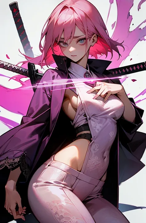 Cool women、sexy、Center of chest、Rize from Chainsaw Man、beauty、yandere、Samurai sword in hand、Japanese sword in hand、Lace clothes、Sword on left hip、Pink hair、