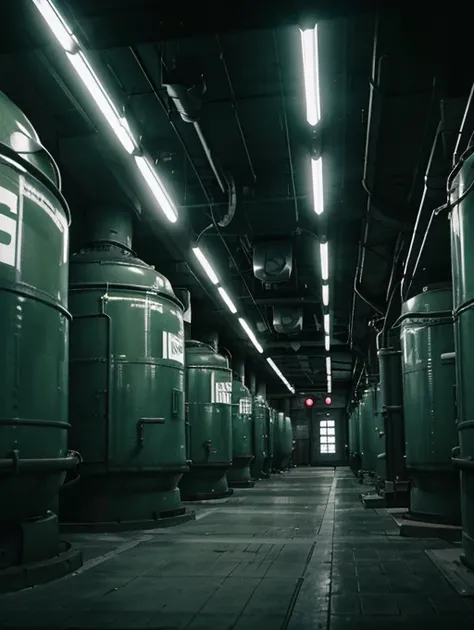 Create a first-person perspective scene set in a sprawling underground facility filled with rows of cylindrical tanks containing alien creatures. The environment should have a manga-inspired aesthetic with anime lineart, characterized by high-contrast blac...