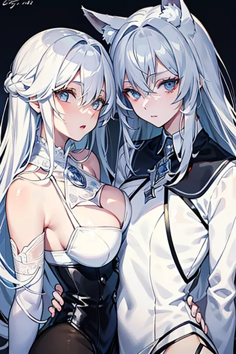 best qualtiy，tmasterpiece，The is very detailed，4K，Gray hair and shallow eyes，Drag cool expressions，Wolf ears，Erect scar on the left eye，British style，1girl，Absolutely beautiful, big bust, white costume