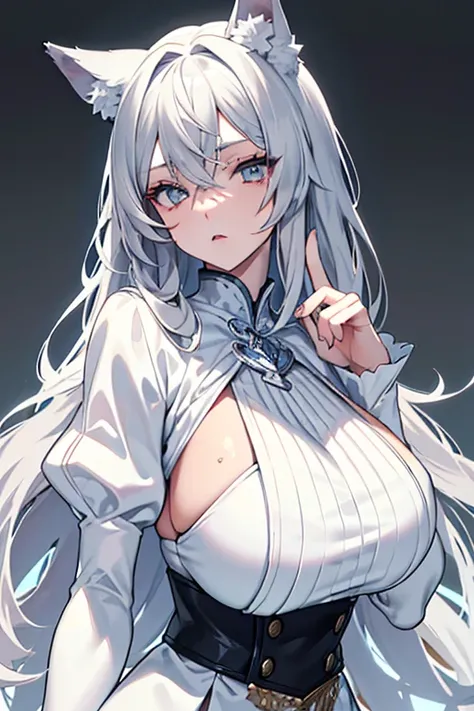 best qualtiy，tmasterpiece，The is very detailed，4K，Gray hair and shallow eyes，Drag cool expressions，Wolf ears，Erect scar on the left eye，British style，1girl，Absolutely beautiful, big bust, white costume