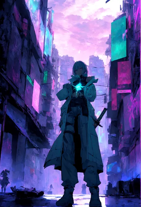 Em um beco encharcado de neon de uma cidade cyberpunk, A lone cybersamurai beneath flashing holographic signs. Seu ciberware carmesim brilha, and a holographic katana vibrates with energy as they prepare for a duel with an invisible adversary