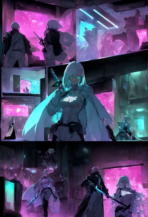 Em um beco encharcado de neon de uma cidade cyberpunk, A lone cybersamurai beneath flashing holographic signs. Seu ciberware carmesim brilha, and a holographic katana vibrates with energy as they prepare for a duel with an invisible adversary