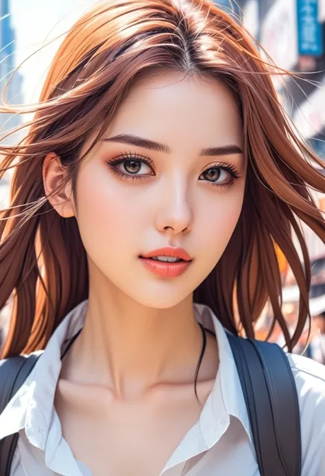 (best-quality:0.8), perfect anime illustration, extreme closeup portrait of a pretty woman walking through the city