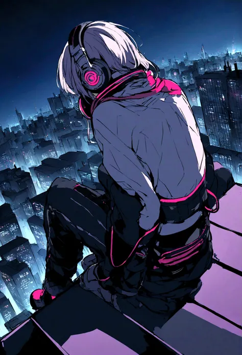 highest quality、masterpiece、night、Headphones、cyber punk、Cyber City、Sitting on high ground、Mid Shot、Looking down from the rooftop、High Position、Back view