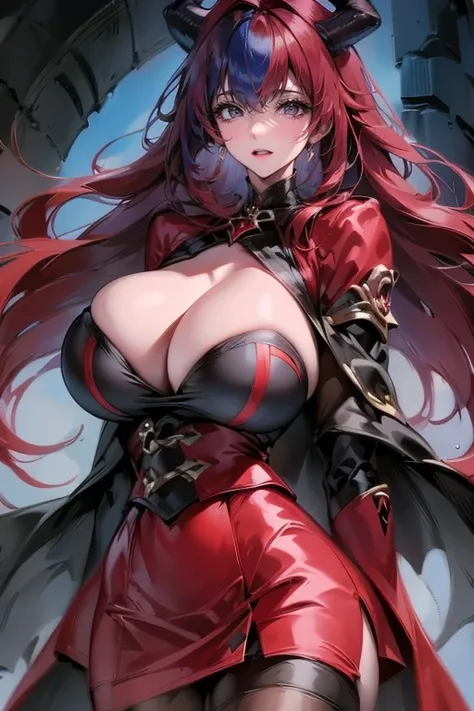 1girl,solo,cute,big breast,cleavage,thighs,blue and red hair,devil,horn,dark,darkness,in palace,