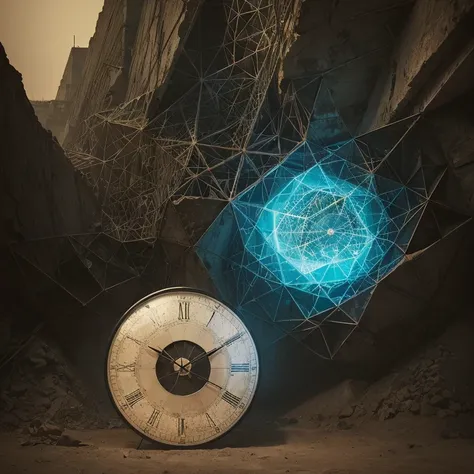 (abstrair:1.2) Jovem Mulher Composta de (geometrical forms:1.2), transformando-se em um (zdzislaw beksinski) style clock, the clock is ticking at 3 oclock