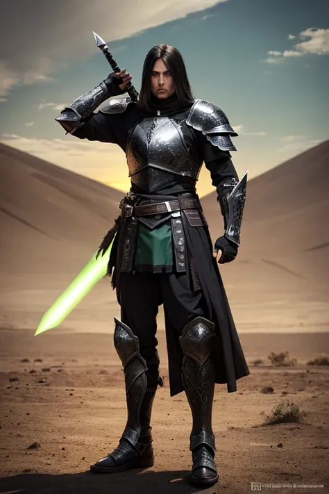 warrior.full black armor.green sword.in the desert.