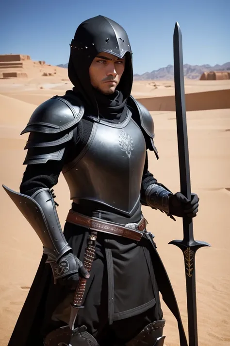 warrior.full black armor.green sword.in the desert.