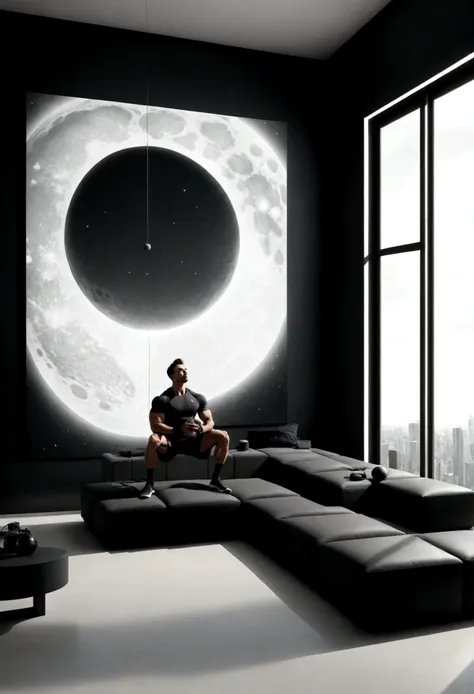 une salle de sport , minimaliste, high tech room design with large bay window,avec un croissant de lune dans le ciel . Un homme seul chauve fin et musclé portant un short noir et un tshirt noir . Le personnage est placé à gauche de limage.