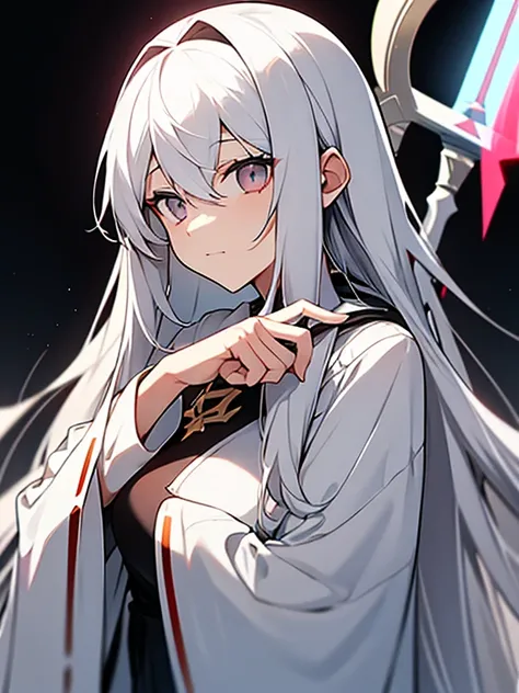 Young woman, loose white hoodie, white long hair, straight hair, silver eyes, character looking up and down,in the hands of a solid metal spear, red tissue develops under the blade of the spear, Black Sky, behind the head there is a bright golden halo