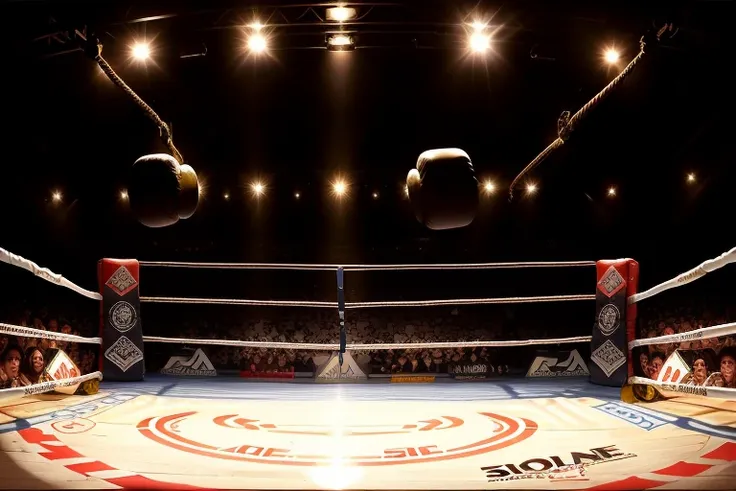 boxe ring with lights and ropes, boxe ring sol blanc coin blanc et sol blanc sol, fond d&#39;  Boardwalk Hall Atlantic City, Ring de boxe avec le sol blanc et les coins blanc, scene background  Boardwalk Hall dAtlantic City, toile de fond  Boardwalk Hall A...