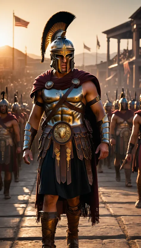 As the sun began to set, The warm golden hues of the sun illuminated his ornate attire, casting a warm glow across the area, Create a detailed image of the annual Spartan event, featuring a massive arena where the best Spartan warriors and the bravest Helo...