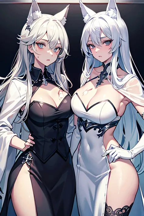 best qualtiy，tmasterpiece，The is very detailed，4K，Gray hair and shallow eyes，Drag cool expressions，Wolf ears，Erect scar on the left eye，British style，1girl，Absolutely beautiful, big bust, white costume