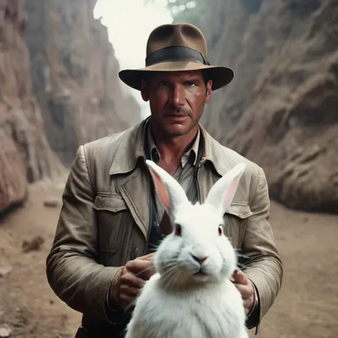 medium shot, portrait, indianajones person following a white rabbit, middle east background, sideshow, eerie moody, iconic hat, ...