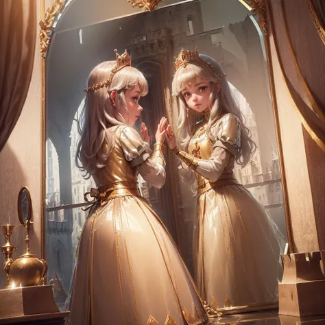 (Princess:1.6),(I can see the castle reflected in the mirror:1.6),masterpiece,high quality,(Highly Detailed CG Unity 8k Portrait:1.3),Nice views,8-year-old girl,Medieval dress, Gold embroidery