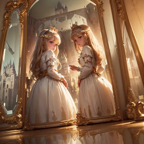 (Princess:1.6),(I can see the castle reflected in the mirror:1.6),masterpiece,high quality,(Highly Detailed CG Unity 8k Portrait:1.3),Nice views,8-year-old girl,Translucent medieval dress, Gold embroidery