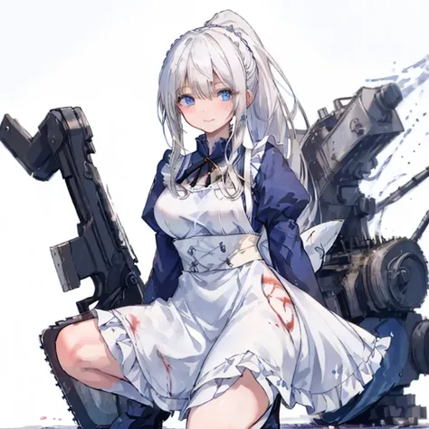 1 girl、Mature、Ample breasts、White Hair、Long Hair、ponytail、ハイponytail、Hair blowing in the wind、Blue Eyes、Sharp Eyes、Maid clothes、hort sleeve、big weapon、Holding a big chainsaw、Blood splatter、A seductive smile、garter、squat、Get down on one knee、High resolution...