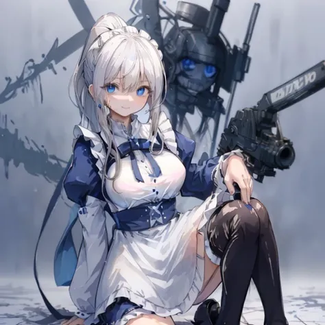 1 girl、Mature、Ample breasts、White Hair、Long Hair、ponytail、ハイponytail、Hair blowing in the wind、Blue Eyes、Sharp Eyes、Maid clothes、hort sleeve、big weapon、Holding a big chainsaw、Blood splatter、A seductive smile、garter、squat、Get down on one knee、High resolution...